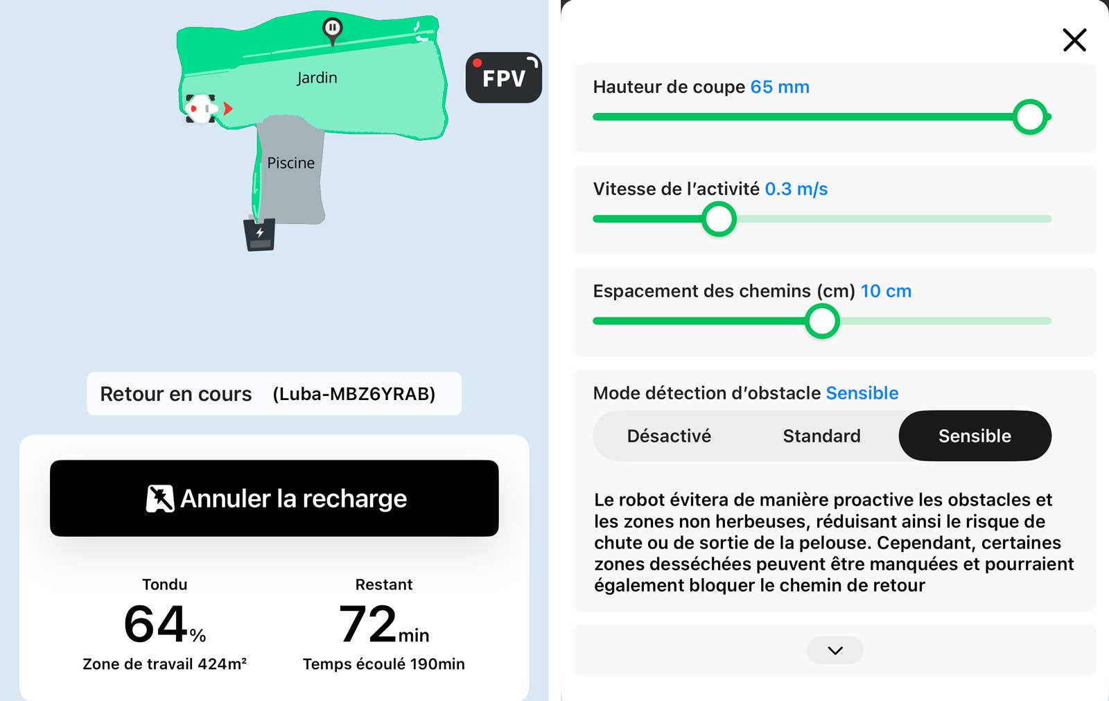 Écran de l’application Mammotion affichant les réglages et la carte du Luba Mini 2 AWD