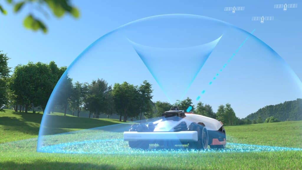 Robot tondeuse Mammotion avec visualisation du système de navigation NetRTK iNavi gratuit, représenté par un dôme de positionnement satellitaire sans antenne physique