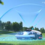 Robot tondeuse Mammotion avec visualisation du système de navigation NetRTK iNavi gratuit, représenté par un dôme de positionnement satellitaire sans antenne physique