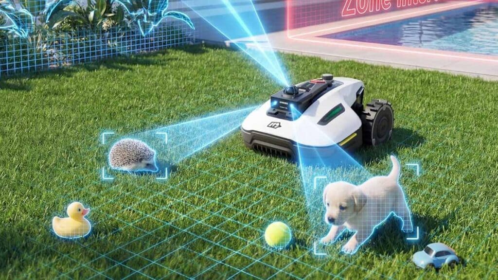 Robot tondeuse Mammotion YUKA Mini 2 LiDAR détectant et contournant un obstacle sur la pelouse