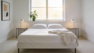 Lit Queen Size 160x200 cm dans une chambre moderne, illustrant un matelas pour couple