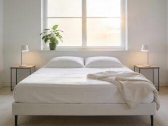 Lit Queen Size 160x200 cm dans une chambre moderne, illustrant un matelas pour couple