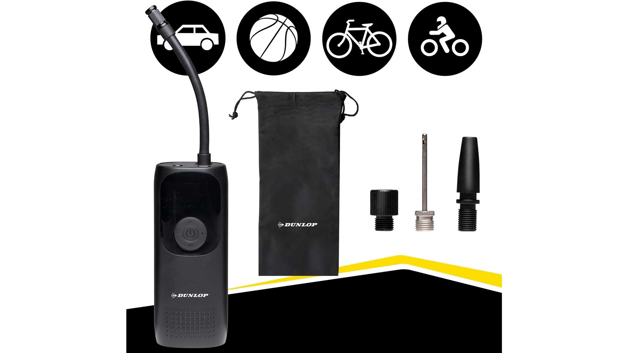 Accessoires et pochette du mini compresseur d'air portatif Dunlop