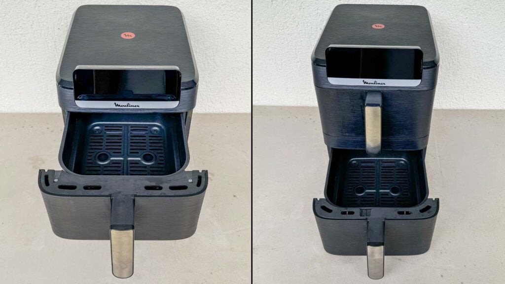 Les deux tiroirs du Moulinex Easy Fry Crispy Stack ouverts avec capacités de 4 litres et 6 litres