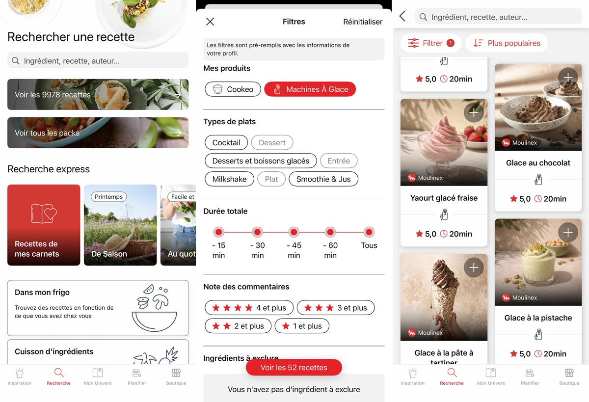 Montage d'images de l'application My Moulinex pour accéder aux recette de la Moulinex Freezi