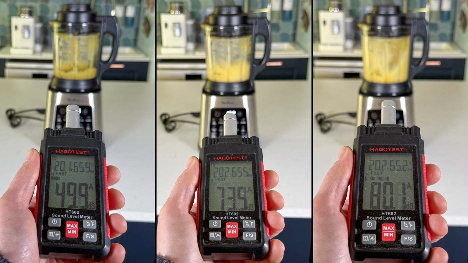 Test niveau sonore du Moulinex Perfectmix Cook à différentes vitesses avec sonomètre 49,9 dBA 73,5 dBA et 80,1 dBA