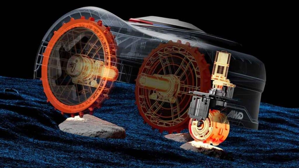 Le robot tondeuse Navimow i205 AWD de Segway utilisant sa transmission à trois roues motrices pour franchir un obstacle de 4 cm