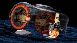 Le robot tondeuse Navimow i205 AWD de Segway utilisant sa transmission à trois roues motrices pour franchir un obstacle de 4 cm