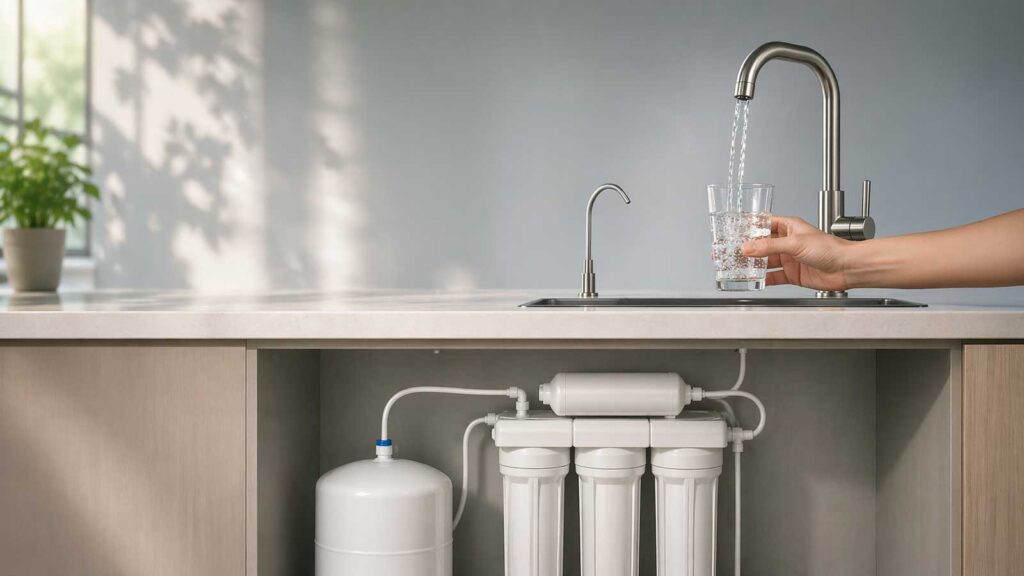 Système d'osmose inverse installé sous un évier pour filtrer le cadmium de l'eau potable