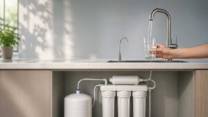 Système d'osmose inverse installé sous un évier pour filtrer le cadmium de l'eau potable