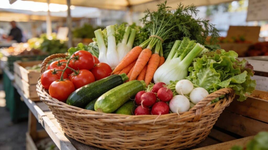 Panier en osier rempli de légumes bio colorés sur un marché de producteurs