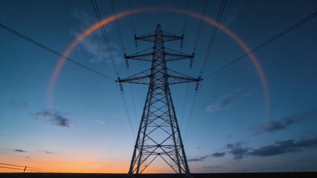 Pylône haute tension au crépuscule, illustrant le réseau électrique français et les variations du prix de l’électricité avec la tarification dynamique