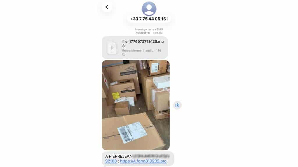 Capture d’écran d’un faux SMS de livreur avec lien de suivi et photo de colis, typique des arnaques à la livraison par smishing.