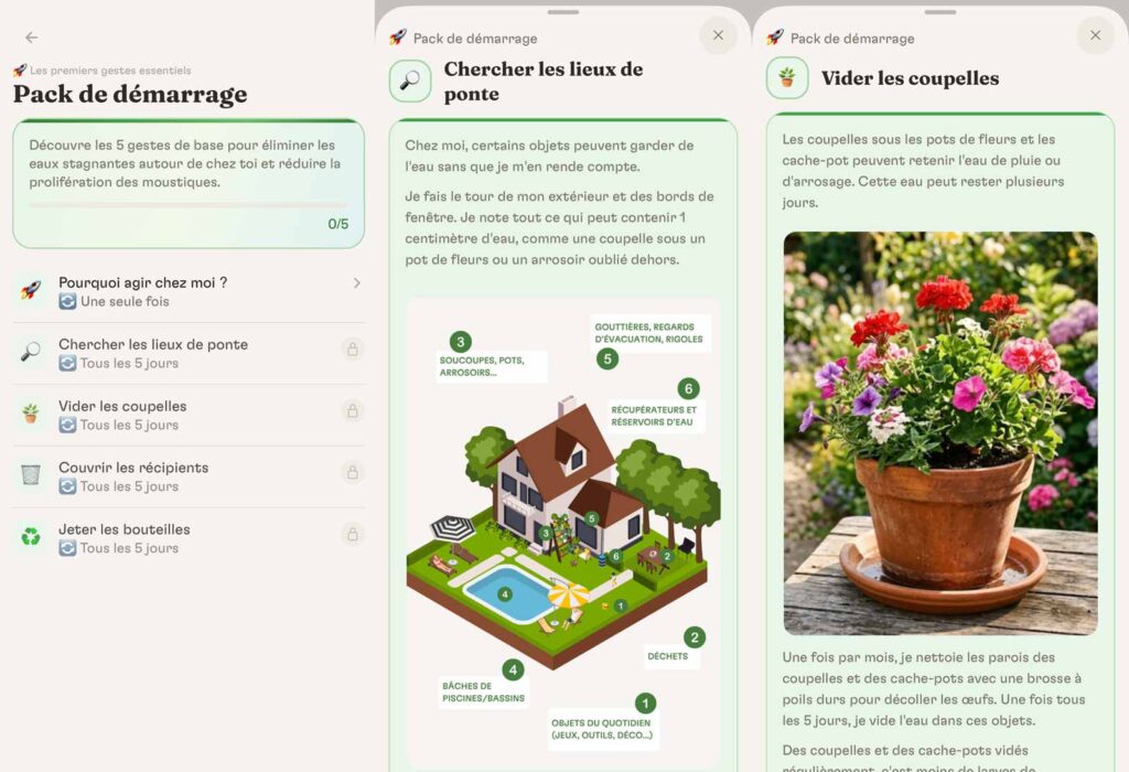 Capture d'écran de l'application Zzzapp illustrant les zones du jardin à surveiller pour éviter le développement des moustiques tigres.