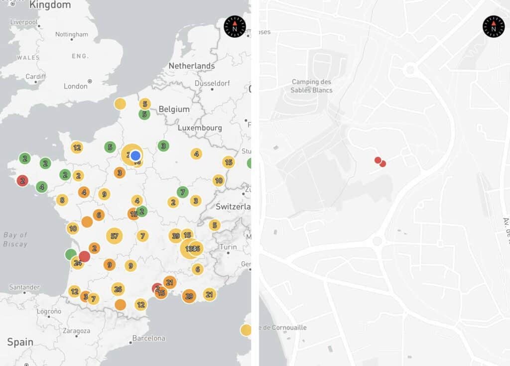 Double capture d'écran de la carte interactive Zzzapp affichant le niveau de prévention anti-moustique sur toute la France et un zoom sur un quartier local.