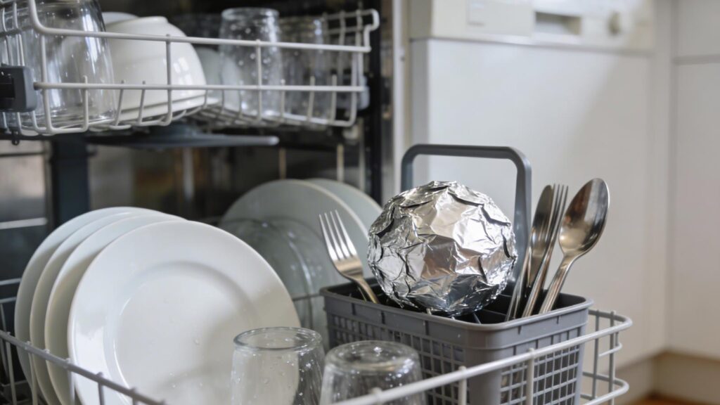 Lave-vaisselle ouvert avec vaisselle propre et une boule d'aluminium froissée dans le panier à couverts