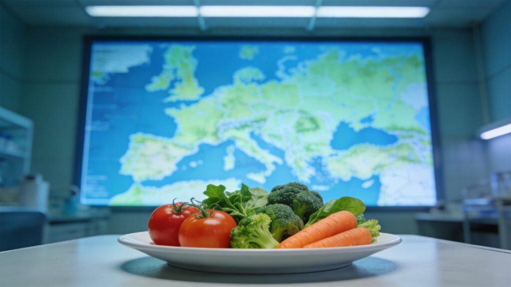 Assiette de légumes frais devant une carte de l’Europe pour illustrer le risque de cadmium selon les pays