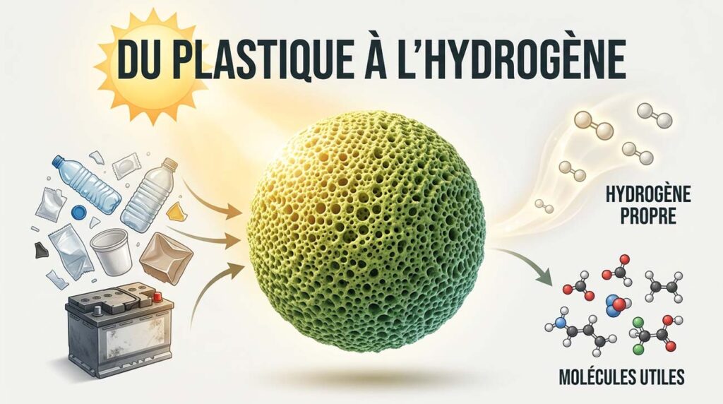Schéma illustrant la transformation de déchets plastiques et d'acide de batteries usagées en hydrogène vert grâce à un réacteur solaire photocatalytique
