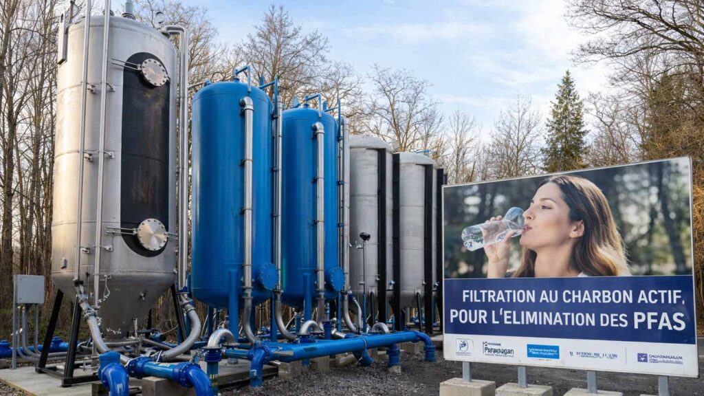 Silos de filtration au charbon actif Veolia installés en extérieur pour traiter les PFAS dans l'eau potable de l'agglomération de Saint-Louis (Haut-Rhin)