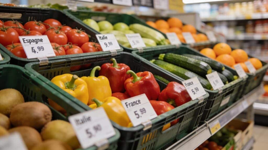 Rayon de fruits et légumes avec des étiquettes indiquant l’origine France, Espagne, Italie