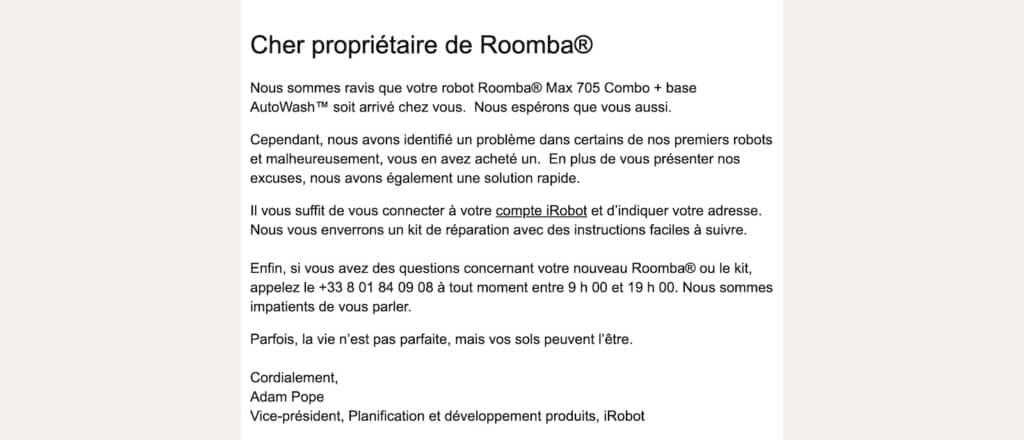 Mail envoyé par iRobot