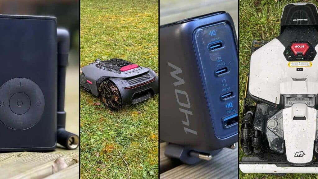 Compresseur portatif Xiaomi, robot tondeuse Mova LiDAX Ultra 1200, chargeur secteur Anker Zolo 140 W et robot tondeuse Mammotion Luba Mini 2 AWD 1000 côte à côte