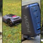 Compresseur portatif Xiaomi, robot tondeuse Mova LiDAX Ultra 1200, chargeur secteur Anker Zolo 140 W et robot tondeuse Mammotion Luba Mini 2 AWD 1000 côte à côte
