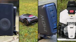 Compresseur portatif Xiaomi, robot tondeuse Mova LiDAX Ultra 1200, chargeur secteur Anker Zolo 140 W et robot tondeuse Mammotion Luba Mini 2 AWD 1000 côte à côte