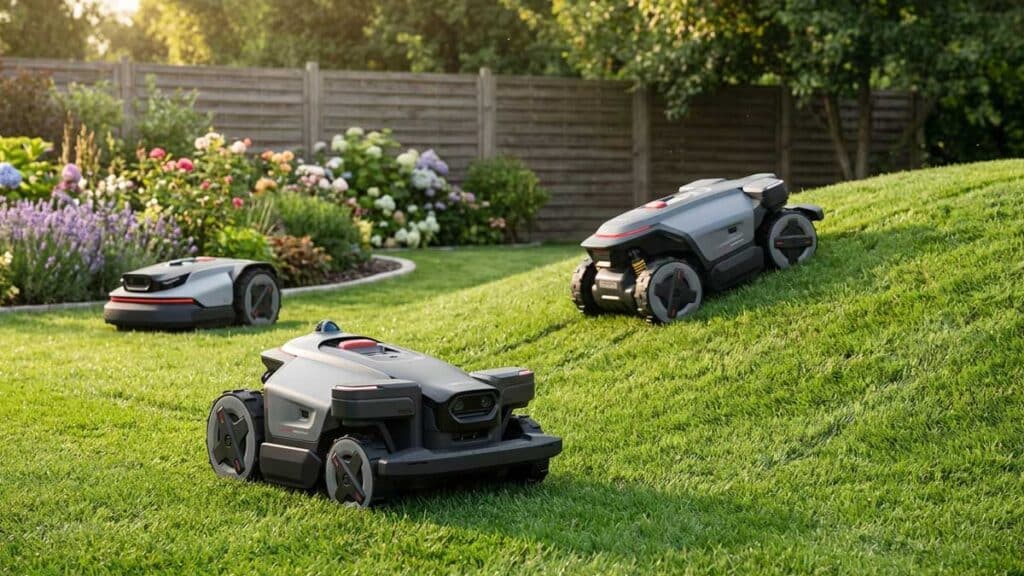 8 robots tondeuses Roborock RockMow dans un jardin résidentiel sur pelouse et pente en France