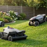 8 robots tondeuses Roborock RockMow dans un jardin résidentiel sur pelouse et pente en France