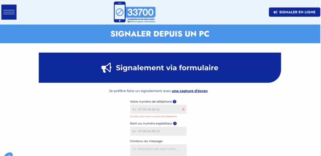 Capture d’écran du site officiel 33700.fr, la plateforme française de signalement des SMS et appels indésirables liés aux arnaques.