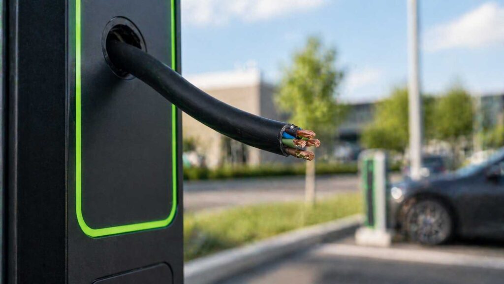 Câble en cuivre sectionné sur une borne de recharge, illustrant le fléau des vols sur le réseau électrique.