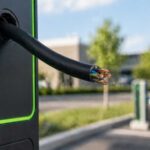 Câble en cuivre sectionné sur une borne de recharge, illustrant le fléau des vols sur le réseau électrique.