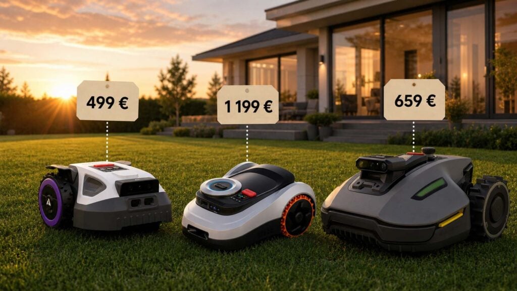 Trois robots tondeuses sans fil alignés sur une pelouse devant une maison, avec leurs prix en promotion affichés sur des étiquettes. 