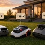Trois robots tondeuses sans fil alignés sur une pelouse devant une maison, avec leurs prix en promotion affichés sur des étiquettes.