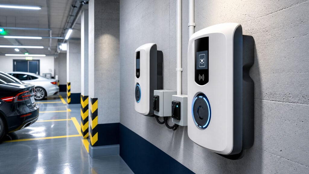 Borne de recharge pour voiture électrique installée dans le parking d’une copropriété