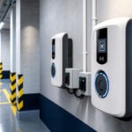 Borne de recharge pour voiture électrique installée dans le parking d’une copropriété