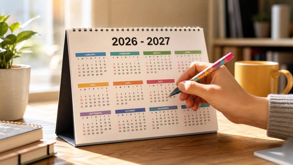 Gros plan sur une personne utilisant un stylo pour planifier ses jours de congés sur un calendrier de l'année scolaire 2026-2027.