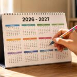 Gros plan sur une personne utilisant un stylo pour planifier ses jours de congés sur un calendrier de l'année scolaire 2026-2027.