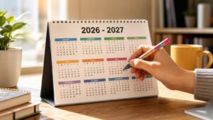 Gros plan sur une personne utilisant un stylo pour planifier ses jours de congés sur un calendrier de l'année scolaire 2026-2027.