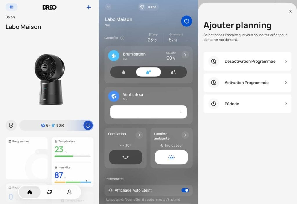 Captures d'écran de l'application connectée Dreo montrant les paramètres du TurboCool 516S