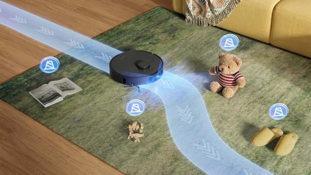 Robot aspirateur Dreame L50 Ultra AE détectant et évitant des obstacles au sol pendant le nettoyage
