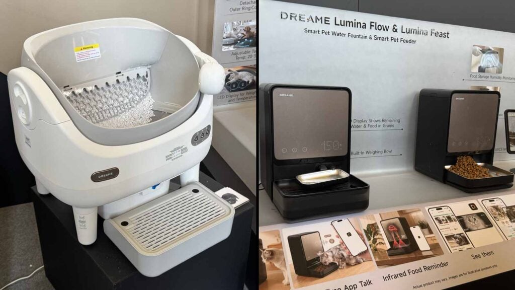 La nouvelle gamme Smart Living de Dreame dédiée aux animaux de compagnie : à gauche, la litière autonettoyante Moduloo Pure, et à droite, les distributeurs intelligents.
