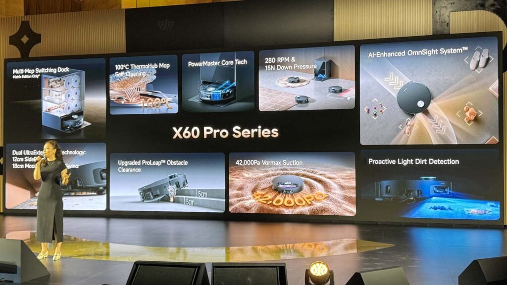 Slide de présentation des principales fonctionnalités de la série Dreame X60 Pro avec une puissance d’aspiration annoncée à 42 000 Pa