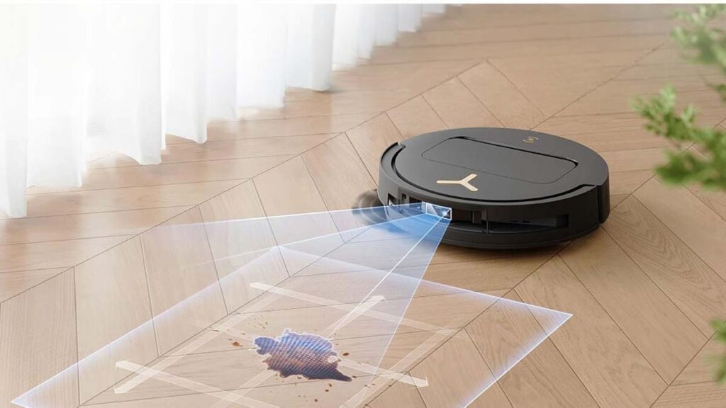 Robot aspirateur laveur Ecovacs Deebot T50 Pro Omni Gen3 détectant une tache au sol et repassant automatiquement pour améliorer le nettoyage
