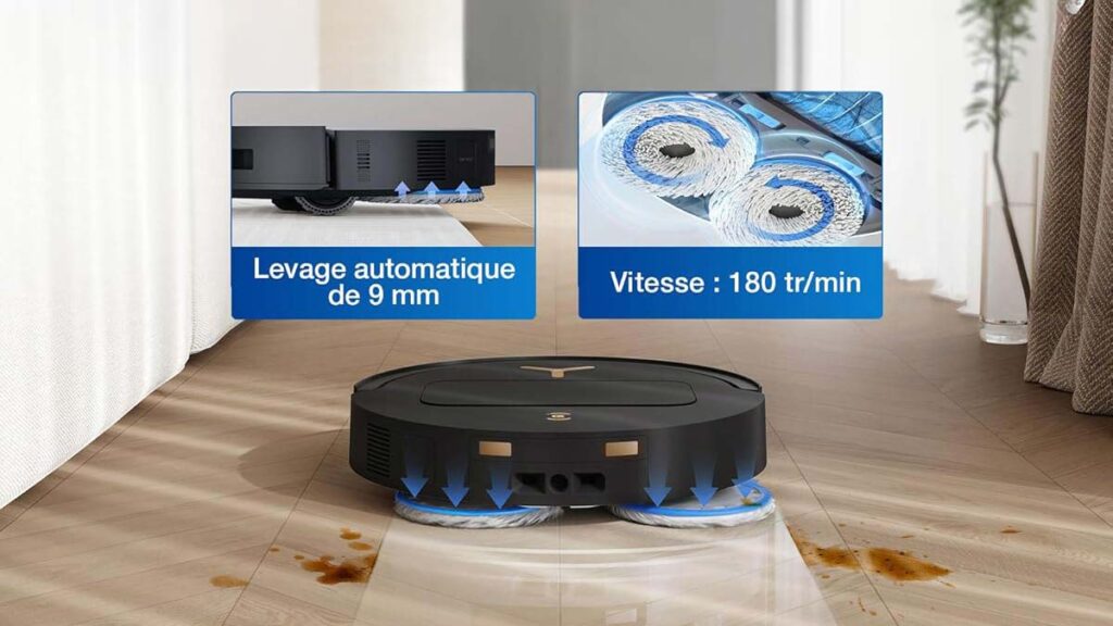 Patins de lavage relevables du Ecovacs Deebot T50 Pro Omni Gen3 sur un tapis avec système de lavage OZMO Turbo 2.0