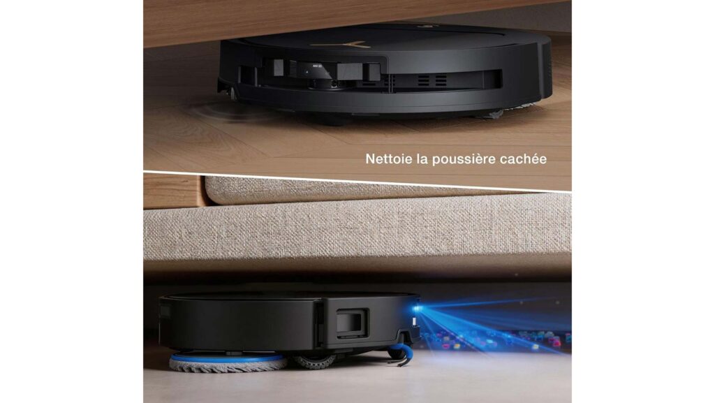 Ecovacs Deebot T50 Pro Omni Gen3 ultra-fin passant sous un canapé grâce à sa hauteur de 8,1 cm