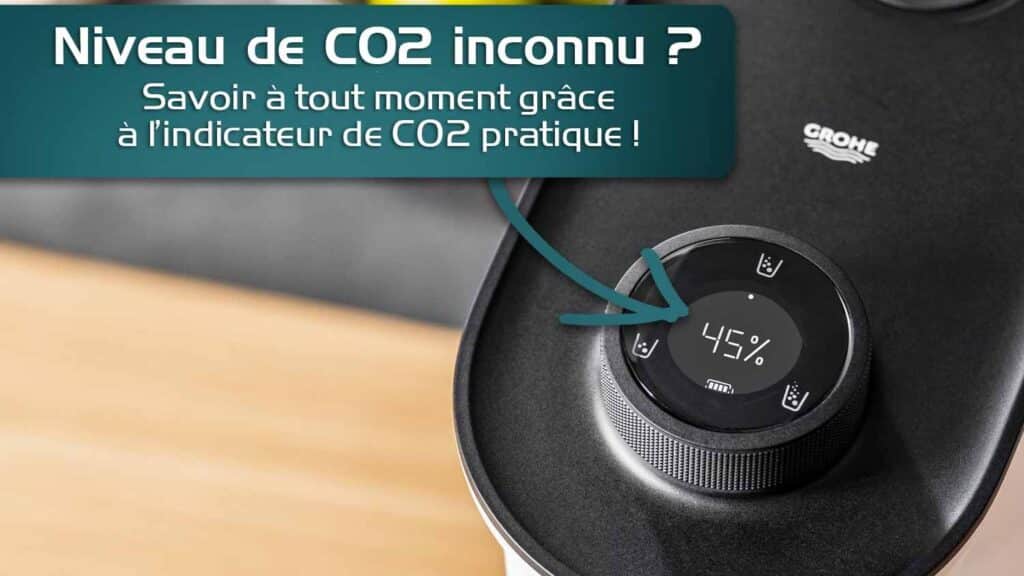 Écran intégré à la molette de la Grohe Blue Fizz Premium affichant le pourcentage de gaz CO2 restant.