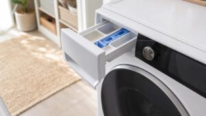 Lave-linge avec le compartiment à lessive ouvert après un cycle de lavage.