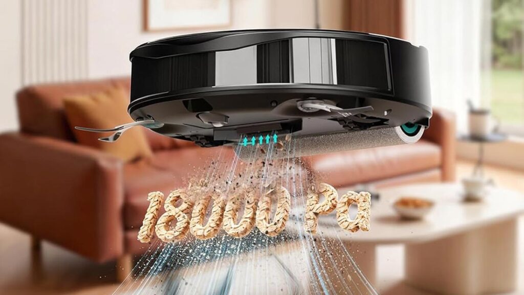 Robot aspirateur laveur Lefant M210 Pro Omni Roller annonçant une puissance d’aspiration de 18 000 Pa